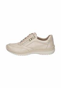 Beige Ledersneaker mit runder Spitze, strukturiertem Obermaterial, Schnürung vorne und seitlichem Reißverschluss; Gummisohle sorgt für Traktion.