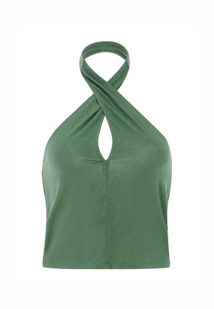 Top corto verde con collo all'americana, design torcido e dettaglio a occhiello sul davanti, realizzato in tessuto liscio ed elastico.