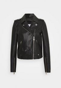 Czarna kurtka motocyklowa z ekoskóry z asymetrycznym srebrnym zamkiem błyskawicznym, rękawami na zamek, epoletami na ramionach oraz detalem kieszeni z klapą z przodu.
