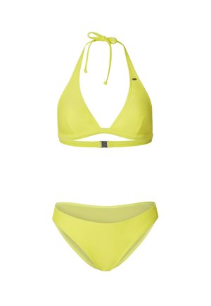 Geel bikini set met een driehoekige bikini top met verstelbare banden en bijpassende low-rise broekjes. Glad, rekbaar materiaal met minimale details.