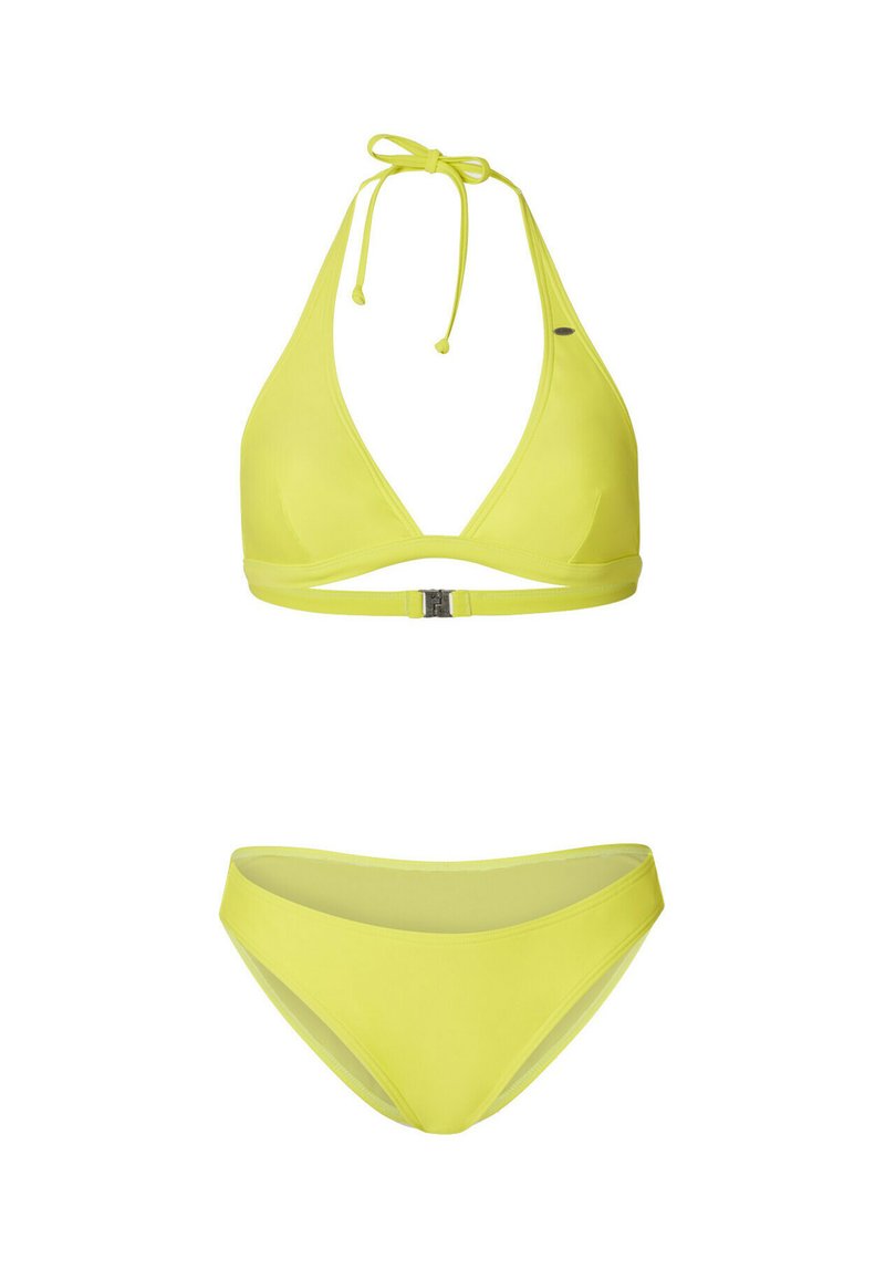 Geltonas bikini komplektas, kuriame yra trikampis bikini viršus su reguliuojamais raiščiais ir derančios žemos talijos kelnaitės. Lygus, tamprus audinys su minimaliu dekoravimu.
