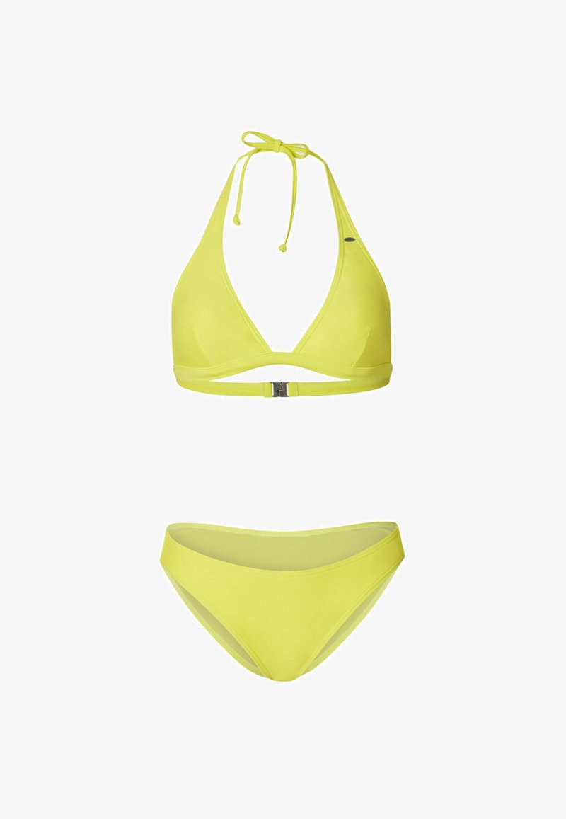 Geltonas bikini komplektas, kuriame yra trikampis bikini viršus su reguliuojamais raiščiais ir derančios žemos talijos kelnaitės. Lygus, tamprus audinys su minimaliu dekoravimu.