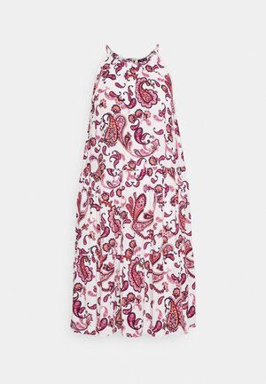 Biała sukienka midi bez rękawów z warstwową spódnicą i wzorem paisley w kolorach różowym, fioletowym i pomarańczowym.