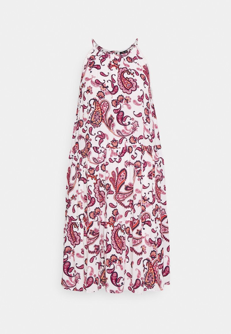 Robe midi blanche sans manches avec jupe à volants et motif cachemire rose, violet et orange.