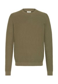 Pulover verde măsliniu cu textură în dungi, cu guler rotund, mâneci lungi și manșete și tiv ajustate. Fabricat dintr-un material moale și respirabil.