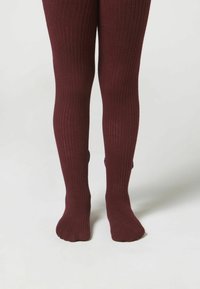 Bordeaux-randiga strumpbyxor i texturerat tyg, med fotdesign och en lätt glans, visade från knäna och nedåt.