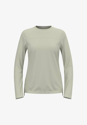 Light green long-sleeve top made of soft fabric. Features a round neckline and zip accents at the hem, with a smooth, minimalist design.