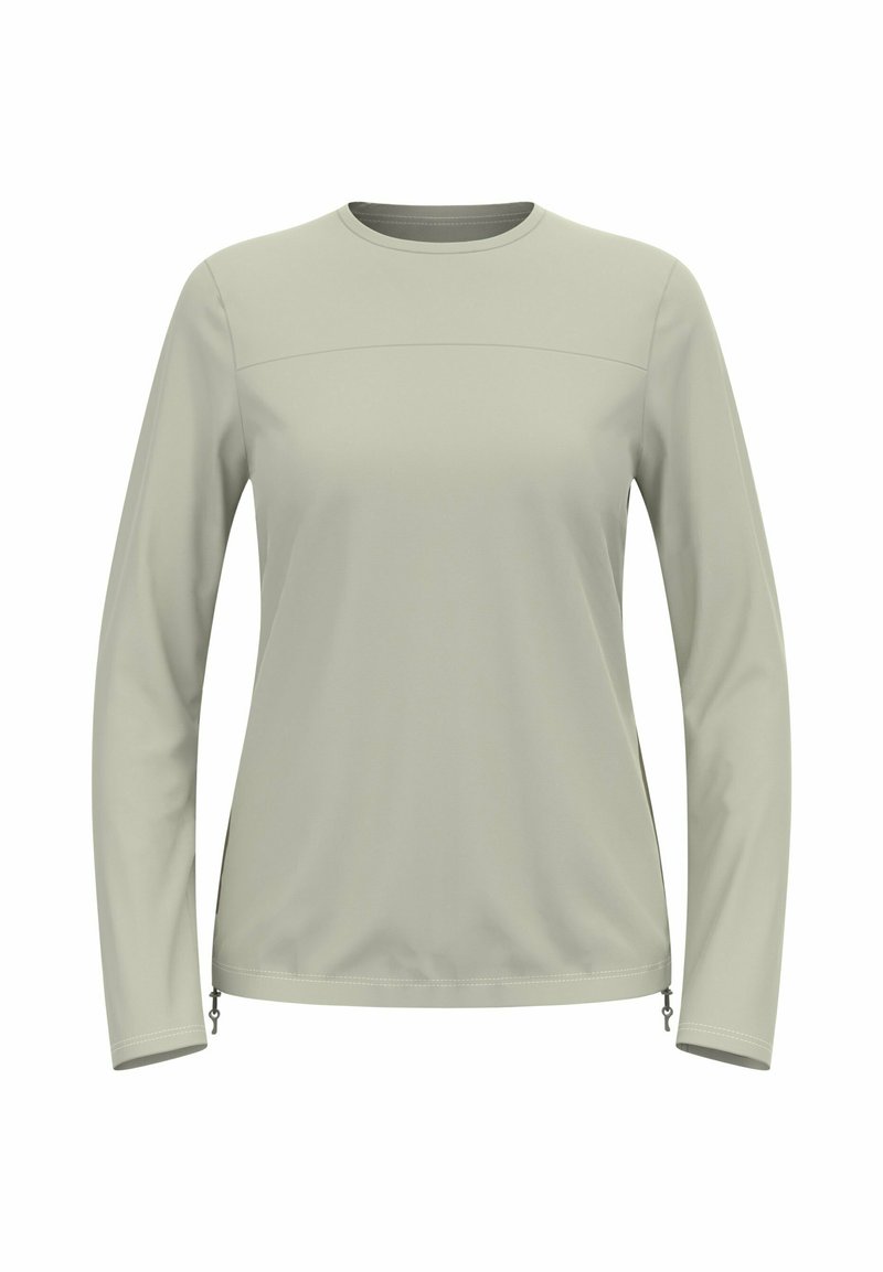 Hellgrünes langärmliges Oberteil aus weicher Stoffqualität. Es hat einen runden Ausschnitt und Zip-Details am Saum, mit einem glatten, minimalistischen Design.