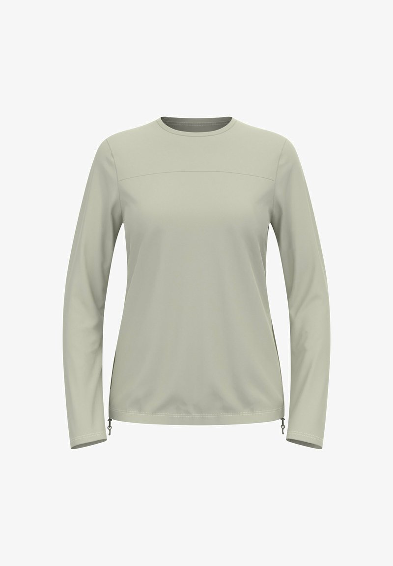 Hellgrünes langärmliges Oberteil aus weicher Stoffqualität. Es hat einen runden Ausschnitt und Zip-Details am Saum, mit einem glatten, minimalistischen Design.