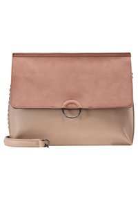 Beige a růžová kabelka z umělé kůže s klopou, doplněná kroužkem a odnímatelným ramenním popruhem; hladký povrch, obdélníkový tvar.