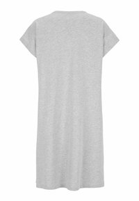 Ljust grå kortärmad knälång klänning med rak skärning, visad bakifrån.