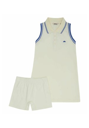 Vestido tipo polo sin mangas en crema con ribete azul y shorts a juego en crema con cintura elástica, dispuestos en plano sin distracciones en el fondo.