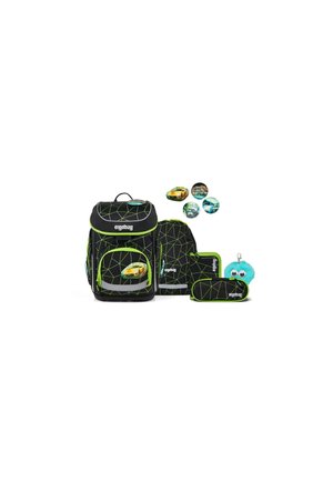 Black and green geometric patterned schoolbag set with a backpack, drawstring bag, pencil cases, car-themed badges, and a blue fuzzy keychain.