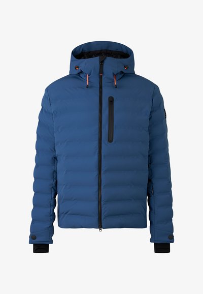 Blaue isolierte Jacke mit durchgehendem Reißverschluss, verstellbare Kapuze und zwei Taschen an den Seiten. Verfügt über gerippte Bündchen und dezente Stichdetails.