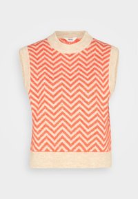 Ærmeløs striktrøje med høj hals, prydet med et koralfarvet og beige zigzag mønster, blød tekstur og en ensfarvet beige kant.