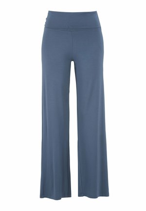Vloeiende, wijd-benige broek van een zachte blauwe stof. Heeft een hoge tailleband en een soepele textuur. Ontworpen met een ontspannen, losse pasvorm.