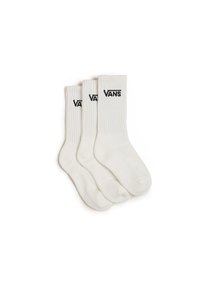 Bílé bavlněné ponožky s krátkým střihem v balení po třech, s vroubkovanou texturou a černým logem "VANS" vytištěným na vršku.