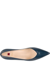 Navy blue leather pointed-toe pump with a smooth texture, featuring a low-cut vamp and a small red accent on the heel.