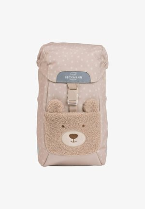 Zainetto per bambini rosa chiaro con pois bianchi e una tasca frontale a forma di faccia di orsetto con orecchie.