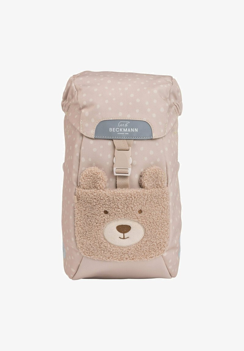 Sac à dos enfant rose clair avec des pois blancs et une poche avant en forme de visage d'ours en peluche avec des oreilles.