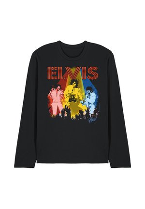 Schwarzes Langarmhemd mit farbenfroher Grafik von Elvis Presley, der unter roten, gelben und blauen Scheinwerfern über Silhouetten einer Menschenmenge auftritt.