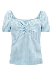 Haut court bleu clair en tissu texturé avec un motif à carreaux. Comprend des manches bouffantes et un détail torsadé à l'avant.