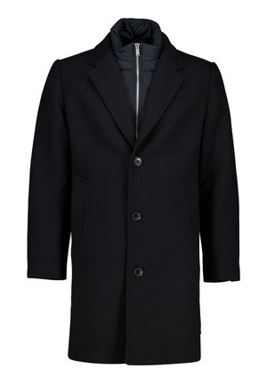 Schwarzer knielanger Mantel mit drei Knöpfen und integrierter gesteppter Kragenjacke mit silbernem Frontreißverschluss.