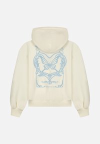 Crème-kleurige hoodie met een blauwe vlinder graphic op de achterkant, voorzien van ribgebreide manchetten en zoom. Zacht, textuurstof.