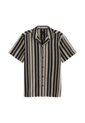 Kurzärmeliges Hemd mit Knopfleiste, schwarz-beigem Zickzack-Vertikalstreifenmuster und einem Camp-Kragen.