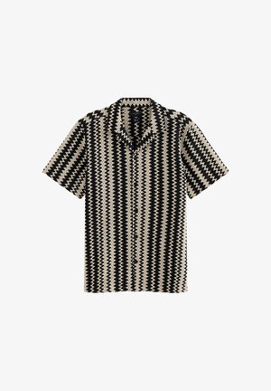 Koszula na krótki rękaw z czarnym i beżowym pionowym wzorem w zygzak oraz kołnierzykiem typu camp.