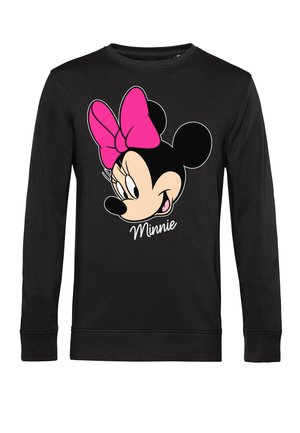 Sweatshirt noir avec un graphique coloré du visage d'un personnage de dessin animé portant un nœud rose et le nom "Minnie" imprimé en dessous.