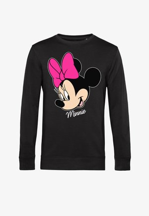 Sorte sweatshirt med et farverigt grafisk motiv af et tegneseriefiguransigt med en lyserød sløjfe og navnet "Minnie" trykt nedenfor.