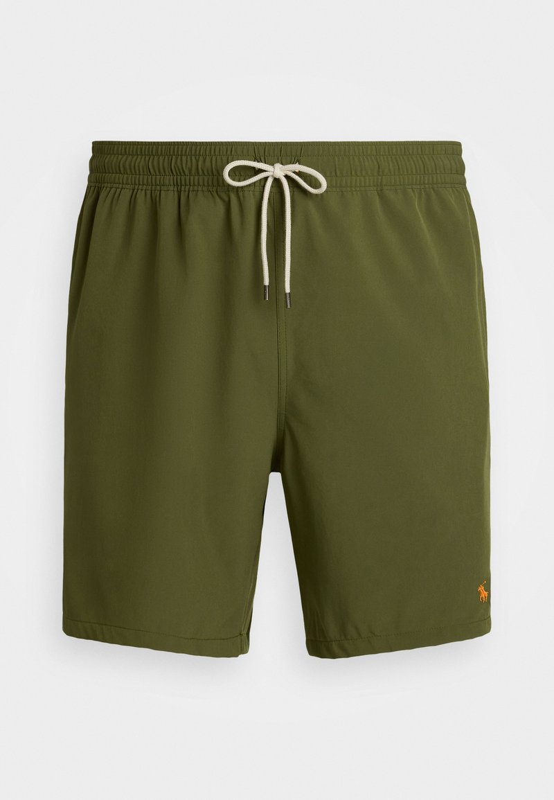 Olivgröna badshorts i slät tyg, med elastisk midja och beige snörning samt en liten orange logotyp nederst till vänster.