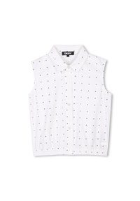 Blusa bianca senza maniche con colletto a punta, caratterizzata da scritte nere e motivi a cuore, orlo arricciato e chiusura anteriore con bottoni. Etichetta con logo DKNY.