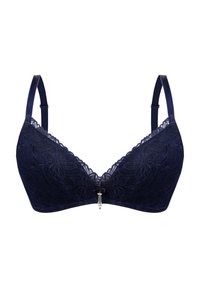 Granatowy biustonosz koronkowy z wyściełanymi miseczkami, falbaniastymi krawędziami i regulowanymi ramiączkami. Posiada dekoracyjny wisiorek na przodzie.