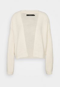 Chunky knit cropped cardigan in cream with an open front, long sleeves, ribbed cuffs, and hem, displaying a textured pattern throughout.