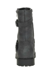 Black leather ankle boot with a textured finish, two adjustable straps, and a chunky rubber sole, viewed from the back.