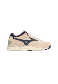 Beige und cremefarbene Sportschuh mit dunkelblauem Logo, rosa Innenakzenten und strukturiertem Profil, seitlich auf weißem Hintergrund dargestellt.