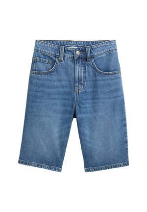 Pantaloni shorts in denim di colore blu classico, design a cinque tasche e taglio dritto. Il tessuto ha una consistenza liscia con una leggera scoloritura.