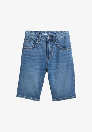 Pantaloni shorts in denim di colore blu classico, design a cinque tasche e taglio dritto. Il tessuto ha una consistenza liscia con una leggera scoloritura.
