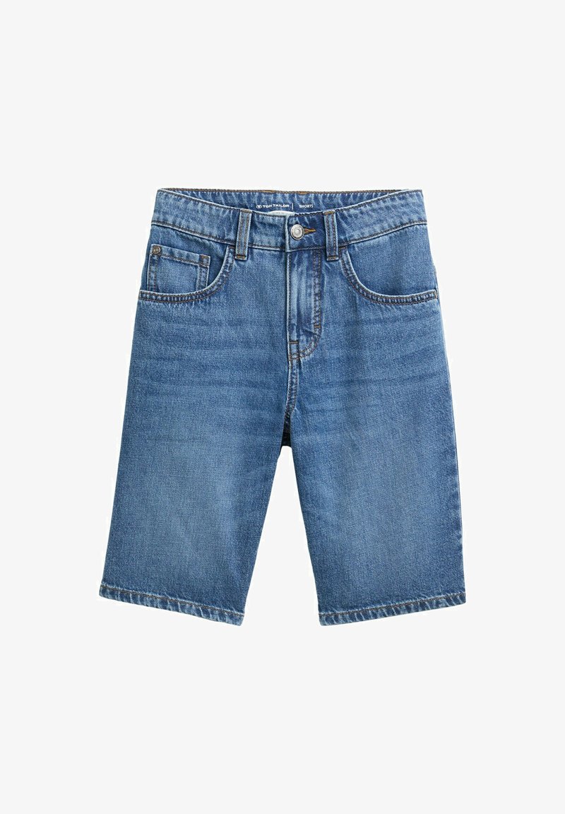 Szorty dżinsowe w klasycznym niebieskim kolorze, pięć kieszeni, prosta nogawka. Materiał ma gładką fakturę z minimalnym wyblaknięciem.