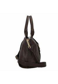 Borsa a mano in pelle marrone con doppi manici e una tracolla regolabile. Presenta dettagli in metallo dorato e una finitura texturizzata.