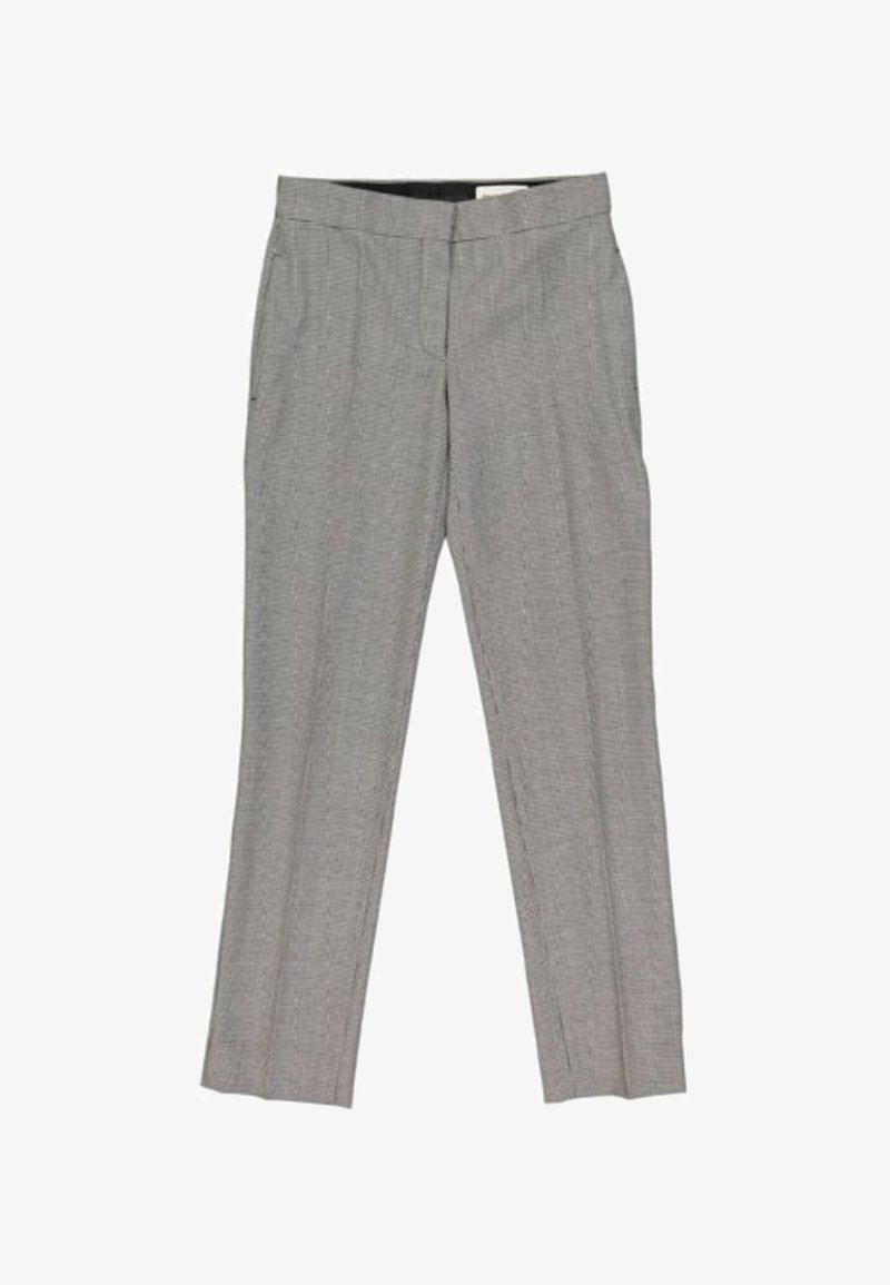 Pantalon gris droit sur mesure avec un motif à carreaux subtil et des poches latérales, conçu pour une tenue formelle ou de bureau.