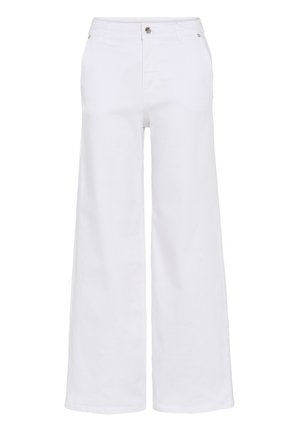 Weiße, hoch taillierte Hose mit weitem Bein, vorne mit Knopf und Reißverschluss, Gürtelschlaufen und Seitentaschen, auf schlichtem Hintergrund präsentiert.