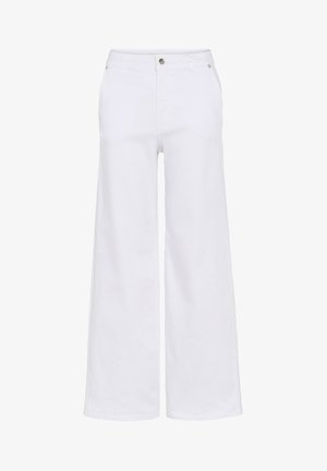 Biele nohavice s vysokým pásom a širokými nohavicami, s predným gombíkom a zipsom, pútkami na opasok a bočnými vreckami, zobrazené na jednoduchom pozadí.