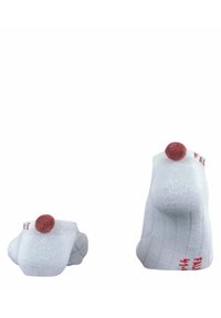 Białe skarpetki kostkowe o prążkowanej teksturze, z różowym pomponem z tyłu i czerwonym nadrukowanym tekstem. Dostępne w dwóch rozmiarach.