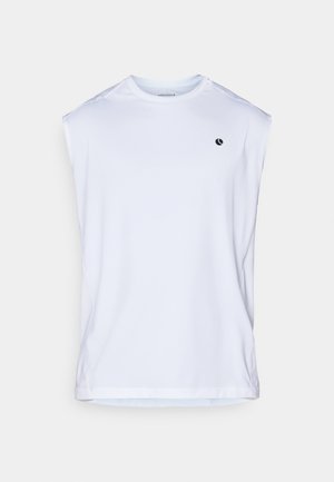 Sleeveless white athletic shirt made of moisture-wicking material; features a small black logo on the chest and flat seams for comfort.