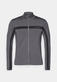 Gray athletic jacket with a high collar, full zip front, black side stripes, and logo detail. Made from smooth, stretchy fabric.