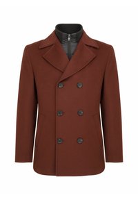 Brązowy, podwójnie zapinany płaszcz wełniany z wyciętym kołnierzem, z czarnymi guzikami, kieszeniami bocznymi oraz szaro zapinaną podszewką.