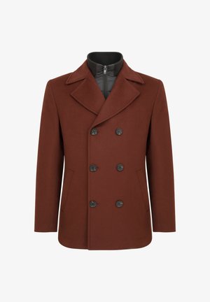 Brązowy, podwójnie zapinany płaszcz wełniany z wyciętym kołnierzem, z czarnymi guzikami, kieszeniami bocznymi oraz szaro zapinaną podszewką.